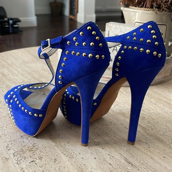 STEVEN Steve Madden ASTRRO Blue Gold Studded Leather Suede Stiletto heel Sz 8.5 - Picture 16 of 17